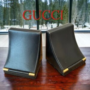 Vtg GUCCI Pair of Black Leather Bookends Designer Office Decor